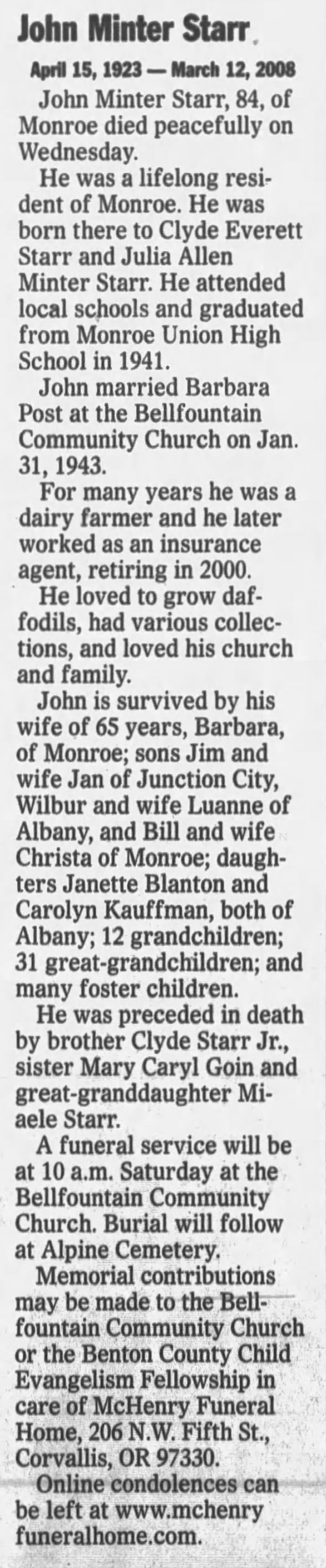 John Minter Starr Obituary Albany OR Democrat-Herald 2008-3-14 Fri Pg 4